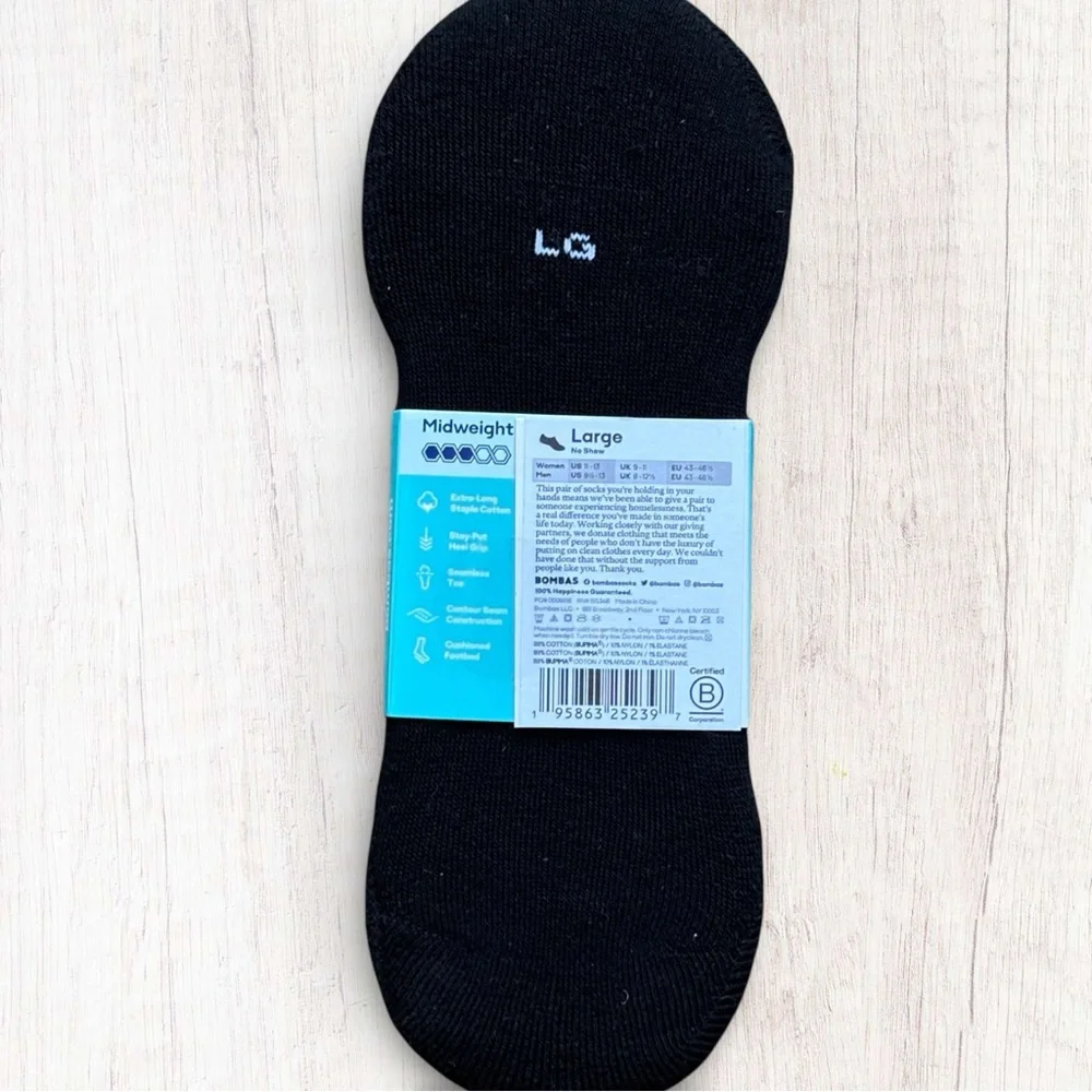 NWT Bombas Mid-Cut No Show Socks Black Large Supima Cotton Cushioned Footbed - Picture 2 of 4